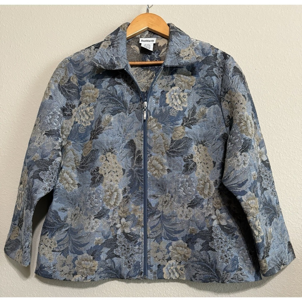 Bonworth Womens PL Tapestry Blazer Jacket Cottagecore Blue Floral VTG